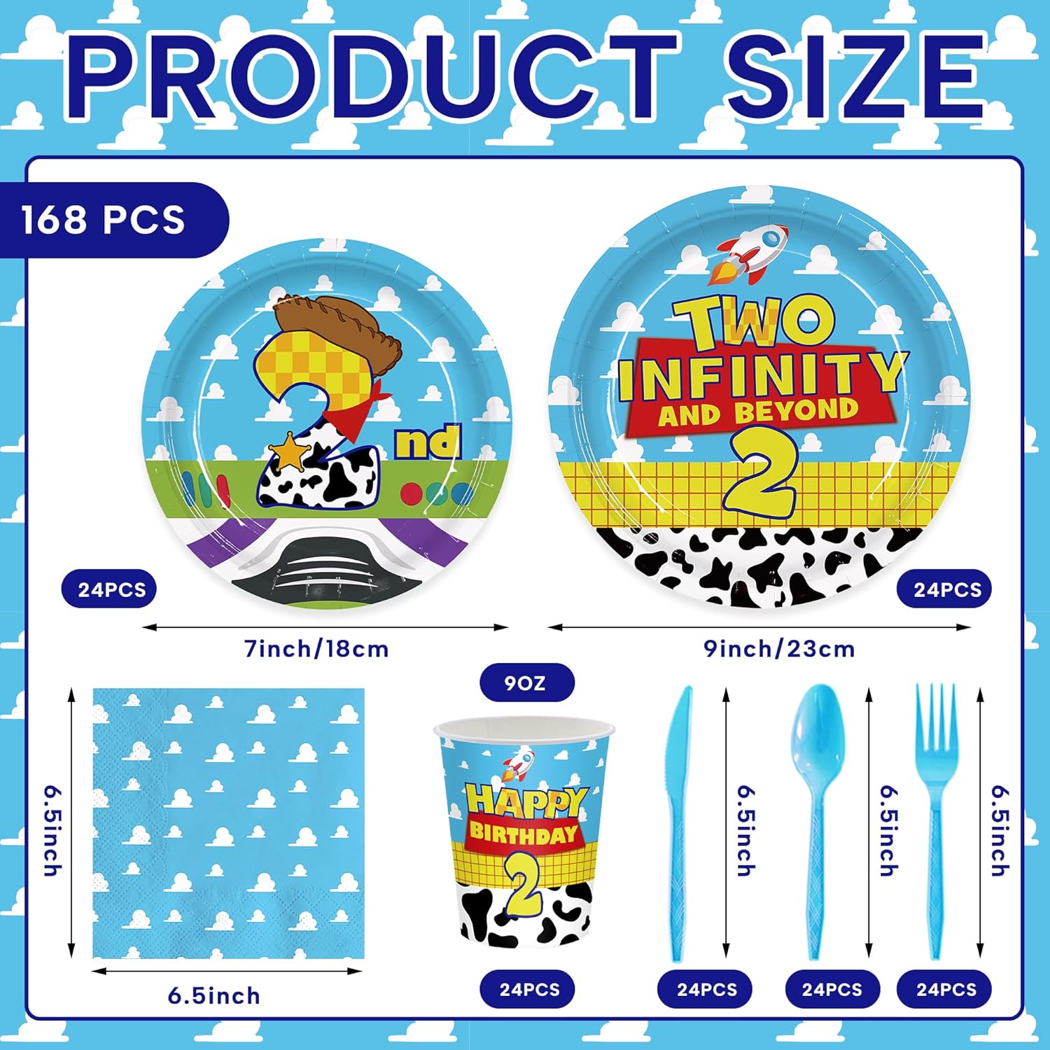 168Pcs 2nd Birthday Paper Plates Napkins Two Years Old Party Supplies | Disposable Tableware Set for Boys Birthday Party Serve 24 Guests