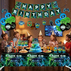 77Pcs Video Game Party Decor: Birthday Balloons, Banner, Tablecloth Kit | Gamer supplies for boys. Includes swirls, insert cards. Vibrant theme. Easy setup for kids celebrations.