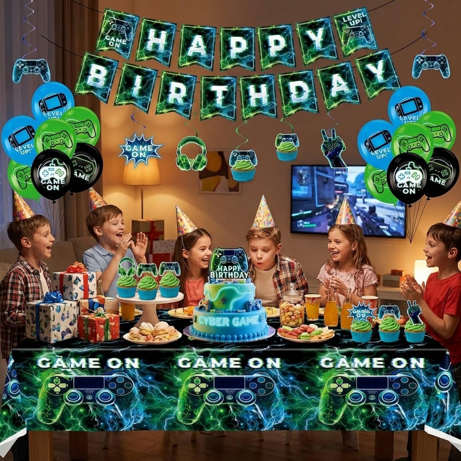 77Pcs Video Game Party Decor: Birthday Balloons, Banner, Tablecloth Kit | Gamer supplies for boys. Includes swirls, insert cards. Vibrant theme. Easy setup for kids celebrations.