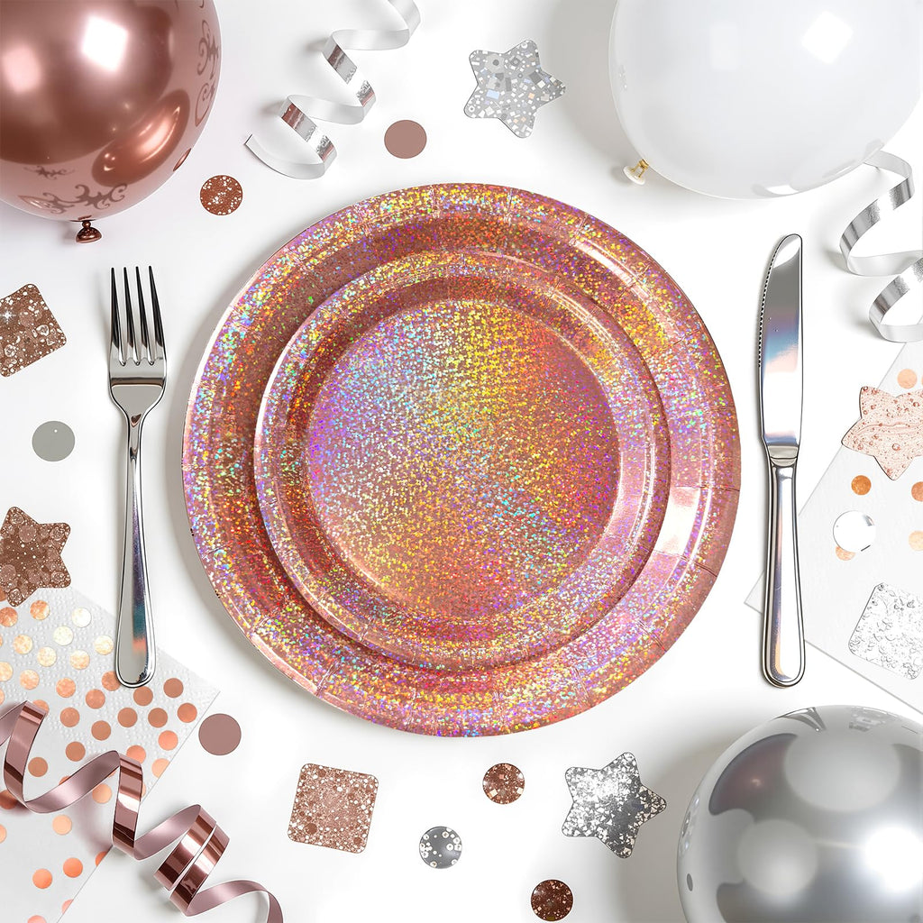 Purple Iridescent Paper Plates & Napkins Set, 75pcs Disposable Party Tableware with 9" Dinner Plates, 7" Dessert Plates & 6.5" Napkins, Holographic Dot Design for Birthday, Music Theme, Night Party