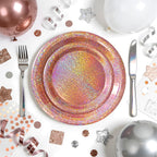 Purple Iridescent Paper Plates & Napkins Set, 75pcs Disposable Party Tableware with 9" Dinner Plates, 7" Dessert Plates & 6.5" Napkins, Holographic Dot Design for Birthday, Music Theme, Night Party