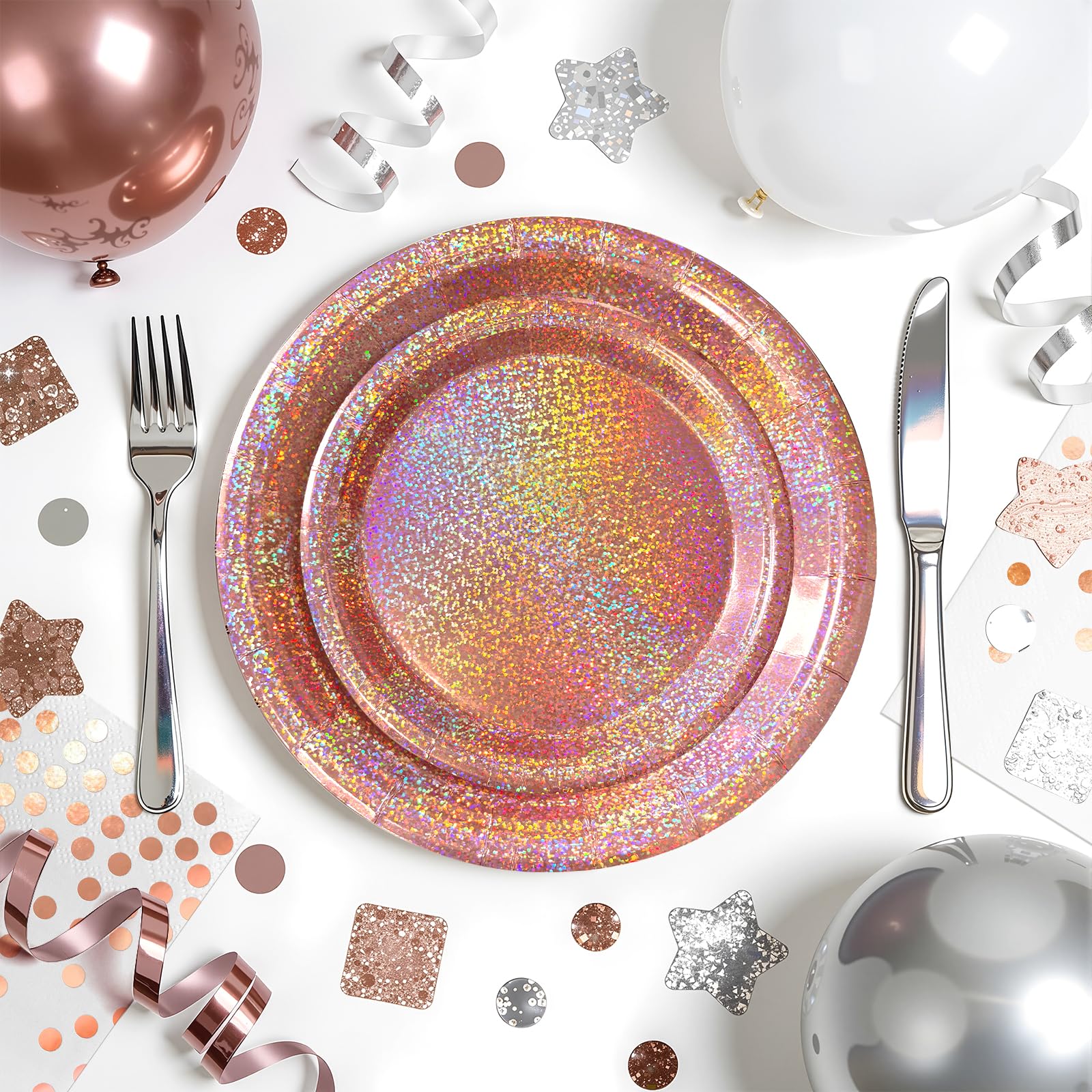 Purple Iridescent Paper Plates & Napkins Set, 75pcs Disposable Party Tableware with 9" Dinner Plates, 7" Dessert Plates & 6.5" Napkins, Holographic Dot Design for Birthday, Music Theme, Night Party