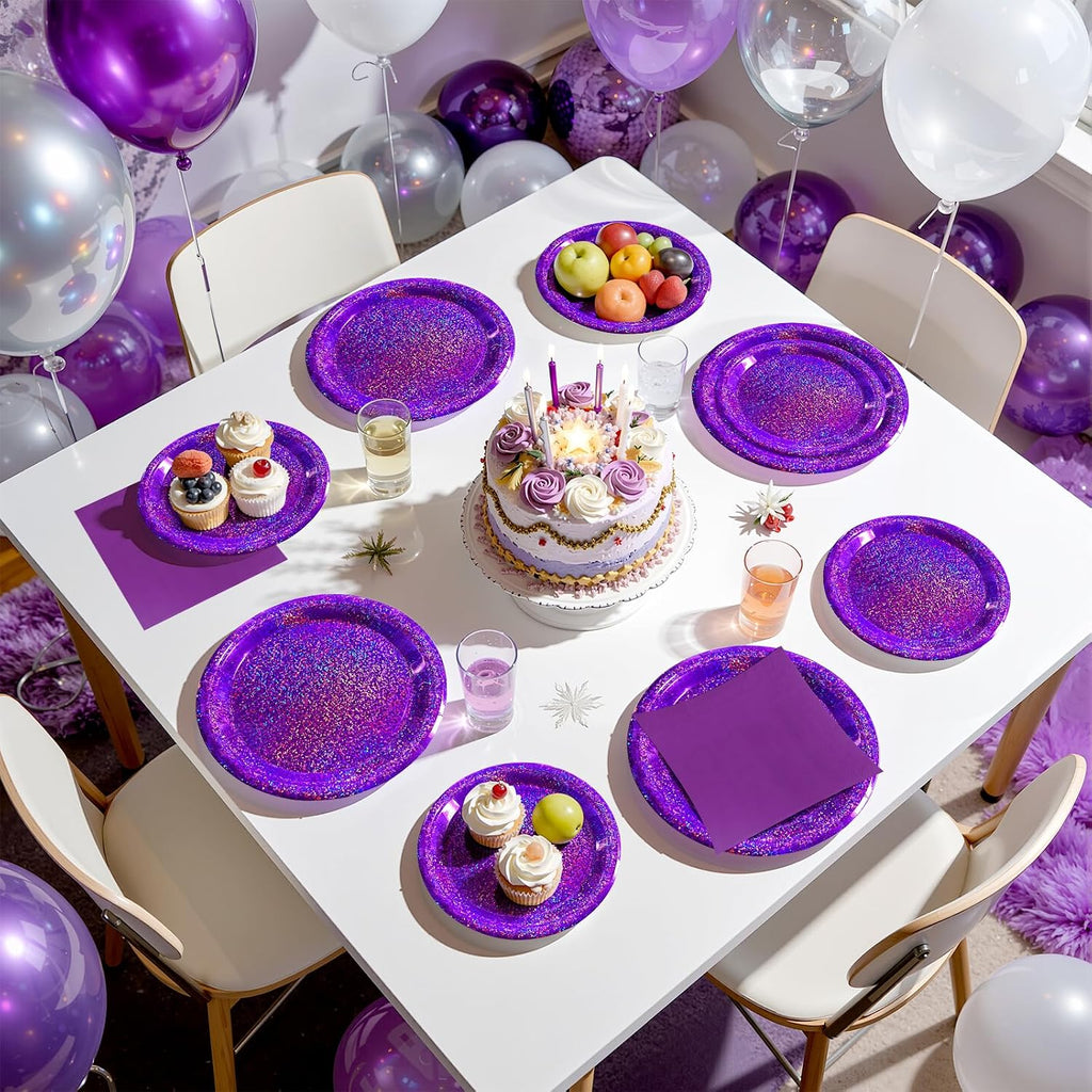 Purple Iridescent Paper Plates & Napkins Set, 75pcs Disposable Party Tableware with 9" Dinner Plates, 7" Dessert Plates & 6.5" Napkins, Holographic Dot Design for Birthday, Music Theme, Night Party