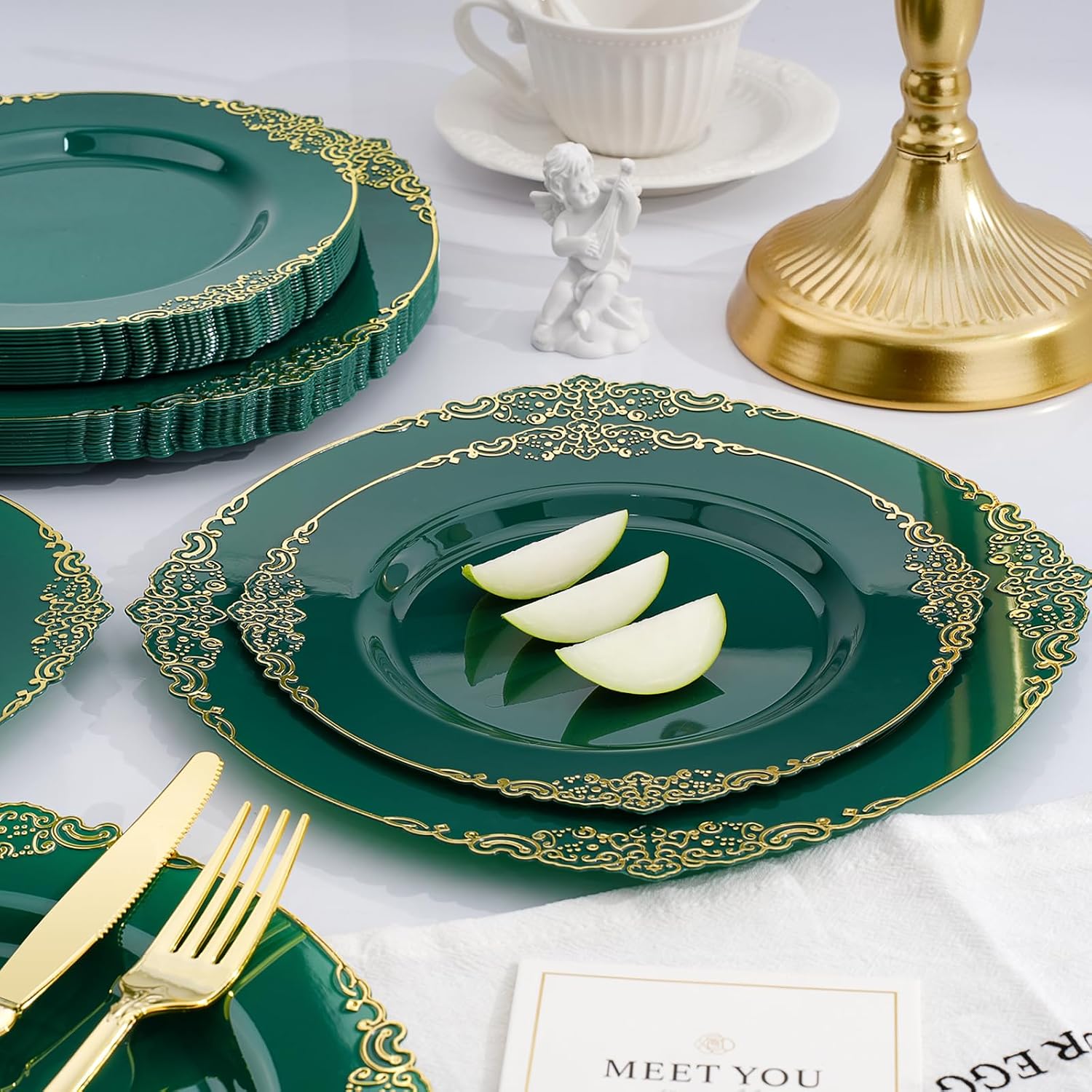 realluck 175 Piece Green and Gold Dinnerware Set for 25 Guests | Disposable Dinnerware Includes: 50 Disposable Plates, 75 Silverwares, 25 Cups, 25 Napkins for Party, Wedding, Graduation