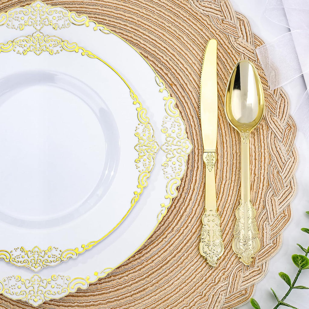 realluck 175 Piece Green and Gold Dinnerware Set for 25 Guests | Disposable Dinnerware Includes: 50 Disposable Plates, 75 Silverwares, 25 Cups, 25 Napkins for Party, Wedding, Graduation