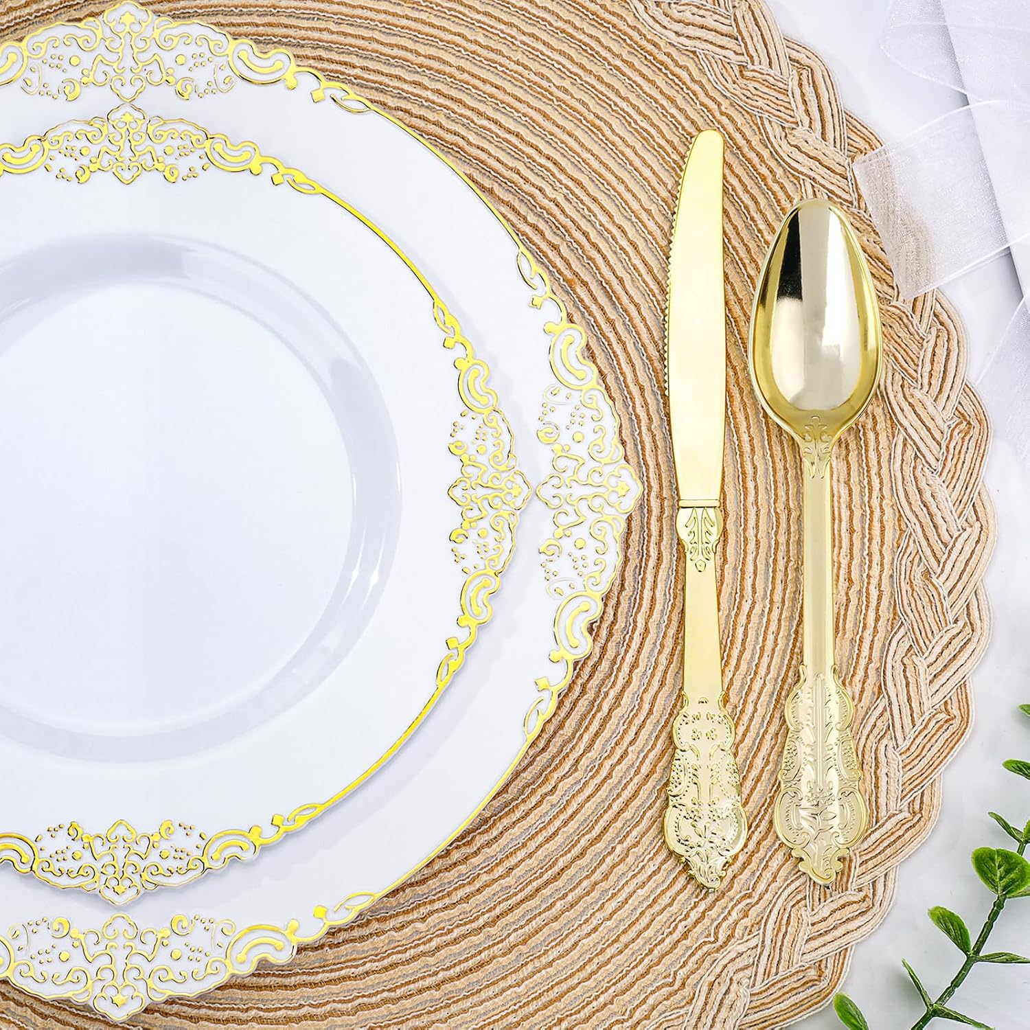realluck 175 Piece Green and Gold Dinnerware Set for 25 Guests | Disposable Dinnerware Includes: 50 Disposable Plates, 75 Silverwares, 25 Cups, 25 Napkins for Party, Wedding, Graduation