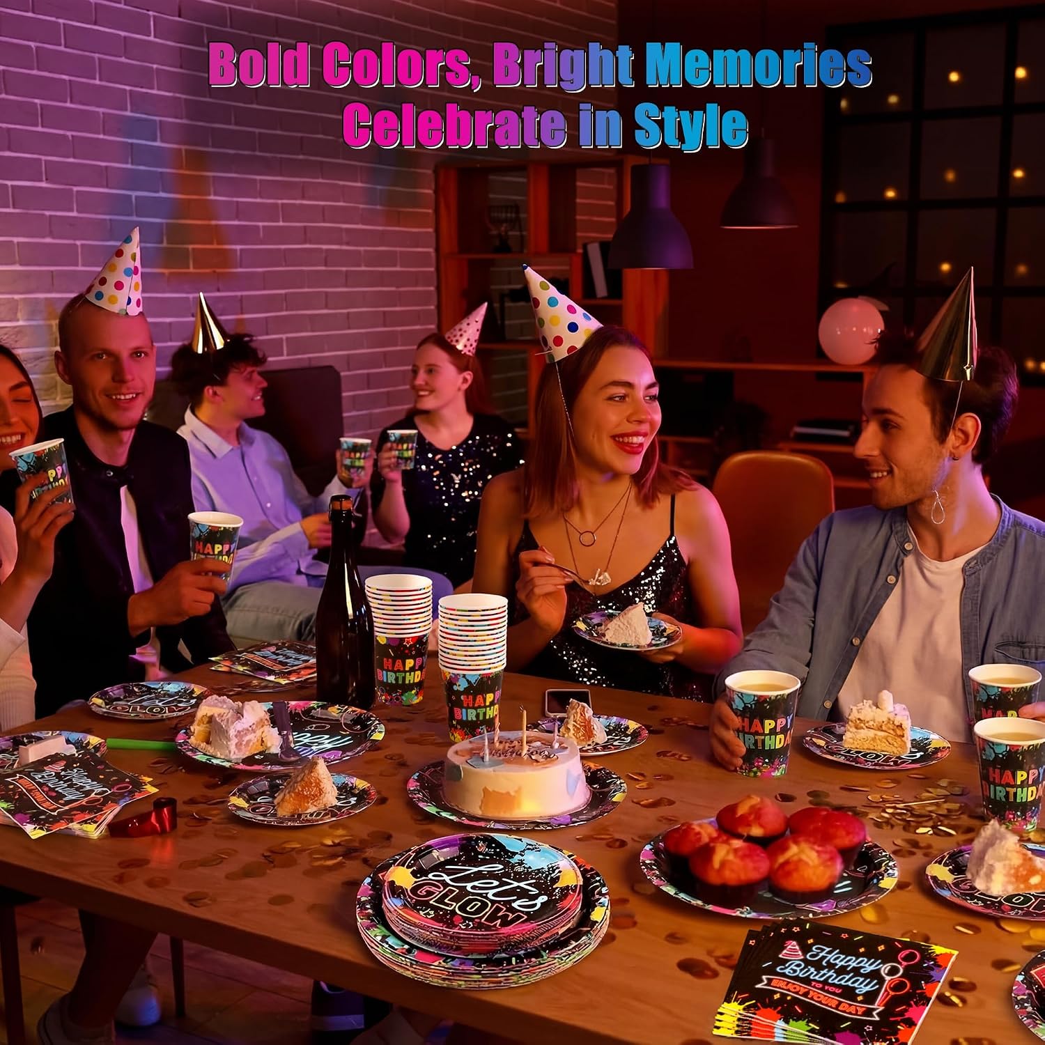 Kochorie 100 Pieces Neon Glow Party Supplies Glow in the Dark Birthday Party Decorations Include Neon Paper Plates Napkins Cups Birthday Tableware, Serves 25 Guests