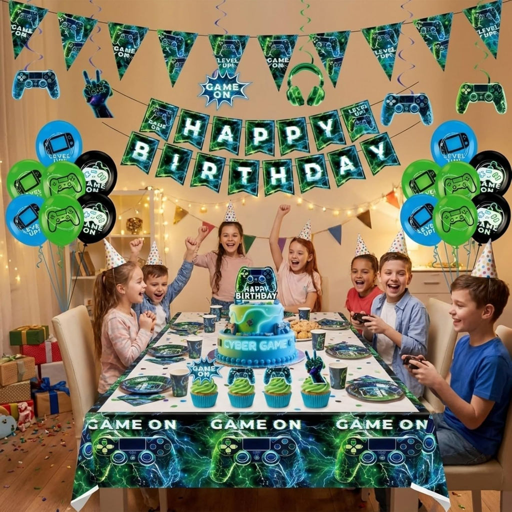 77Pcs Video Game Party Decor: Birthday Balloons, Banner, Tablecloth Kit | Gamer supplies for boys. Includes swirls, insert cards. Vibrant theme. Easy setup for kids celebrations.