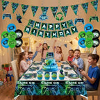 77Pcs Video Game Party Decor: Birthday Balloons, Banner, Tablecloth Kit | Gamer supplies for boys. Includes swirls, insert cards. Vibrant theme. Easy setup for kids celebrations.