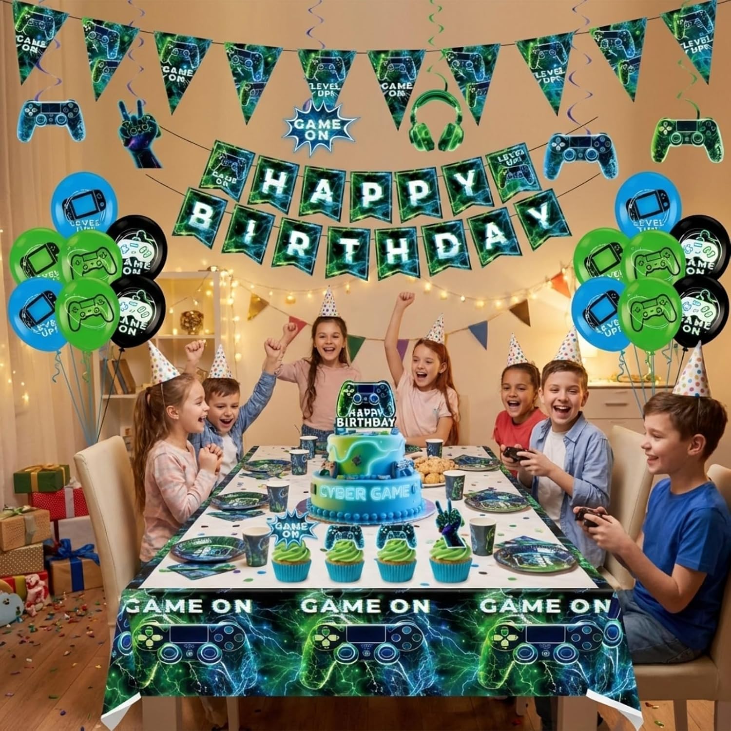 77Pcs Video Game Party Decor: Birthday Balloons, Banner, Tablecloth Kit | Gamer supplies for boys. Includes swirls, insert cards. Vibrant theme. Easy setup for kids celebrations.