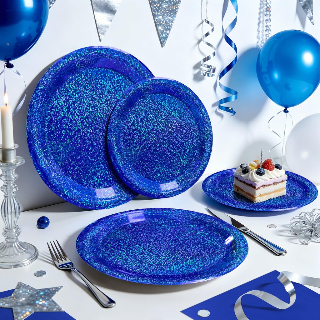 Purple Iridescent Paper Plates & Napkins Set, 75pcs Disposable Party Tableware with 9" Dinner Plates, 7" Dessert Plates & 6.5" Napkins, Holographic Dot Design for Birthday, Music Theme, Night Party