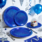 Purple Iridescent Paper Plates & Napkins Set, 75pcs Disposable Party Tableware with 9" Dinner Plates, 7" Dessert Plates & 6.5" Napkins, Holographic Dot Design for Birthday, Music Theme, Night Party