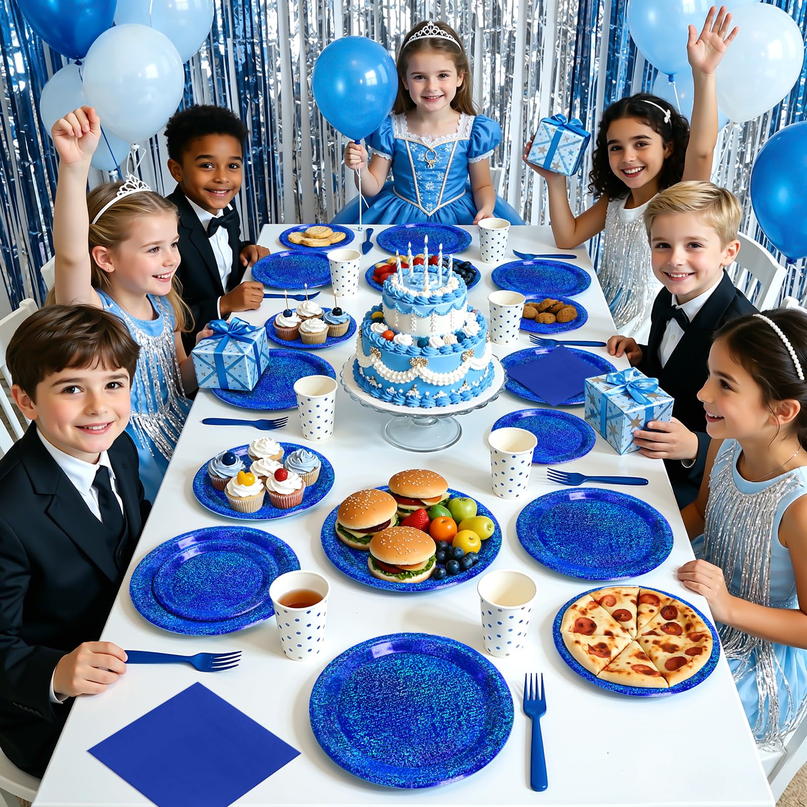 Purple Iridescent Paper Plates & Napkins Set, 75pcs Disposable Party Tableware with 9" Dinner Plates, 7" Dessert Plates & 6.5" Napkins, Holographic Dot Design for Birthday, Music Theme, Night Party