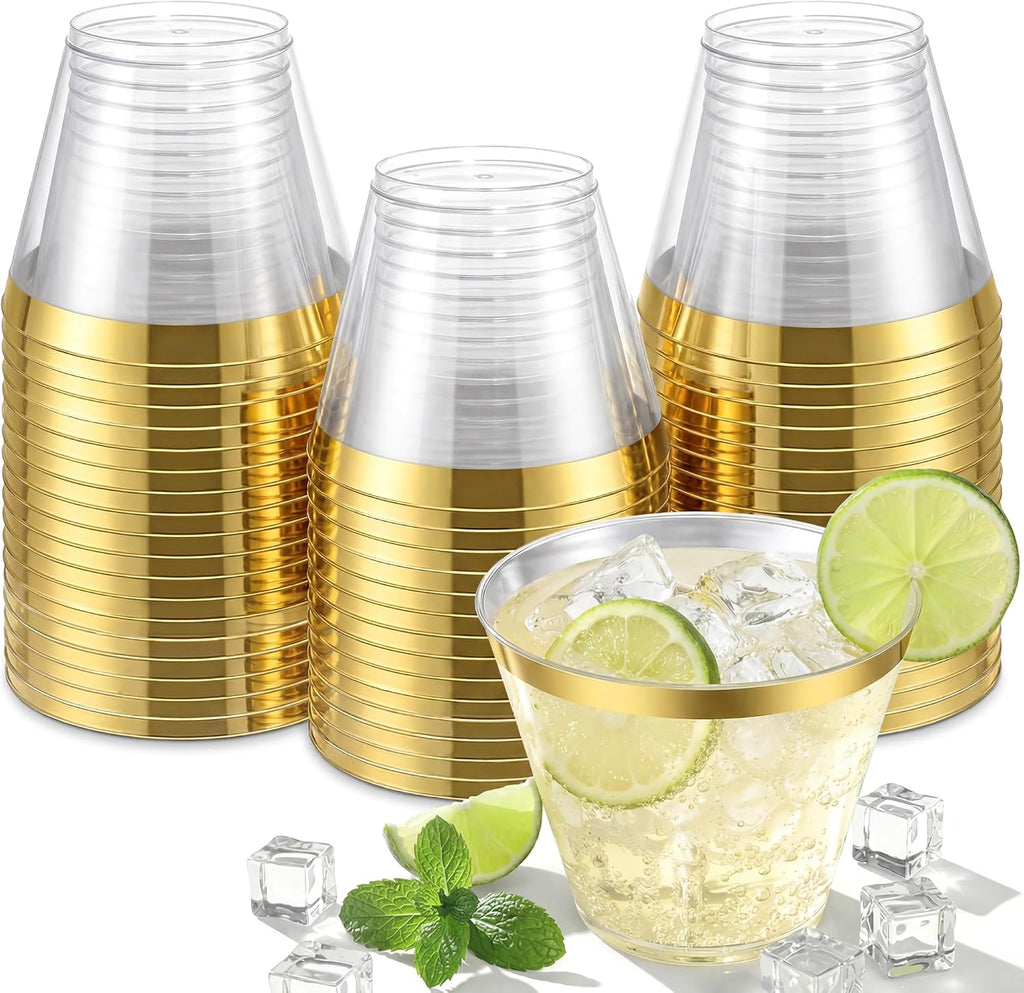 Nervure 120PC 9Oz Gold Rimmed Plastic Cups - Heavy Duty plastic