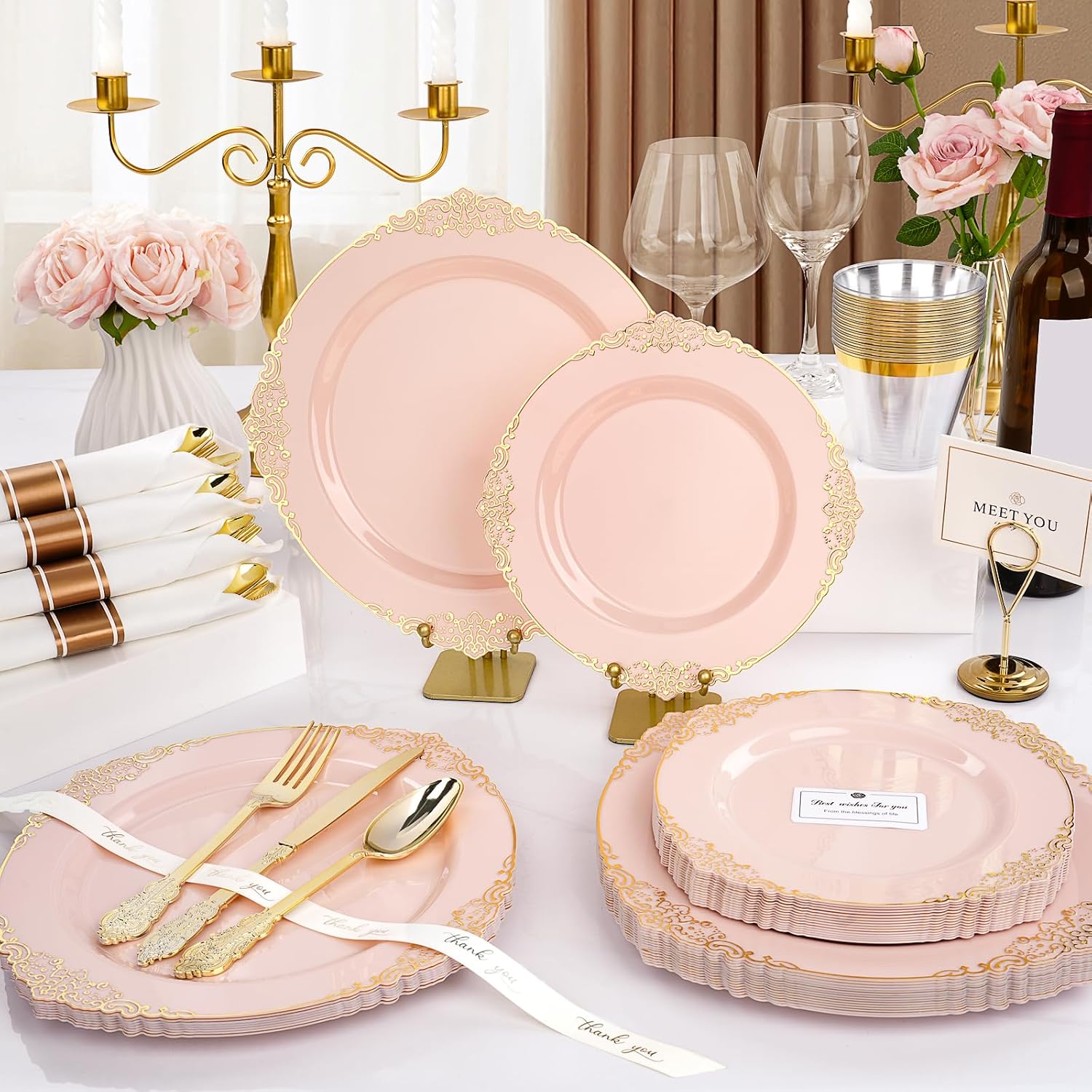 realluck 175 Piece Green and Gold Dinnerware Set for 25 Guests | Disposable Dinnerware Includes: 50 Disposable Plates, 75 Silverwares, 25 Cups, 25 Napkins for Party, Wedding, Graduation