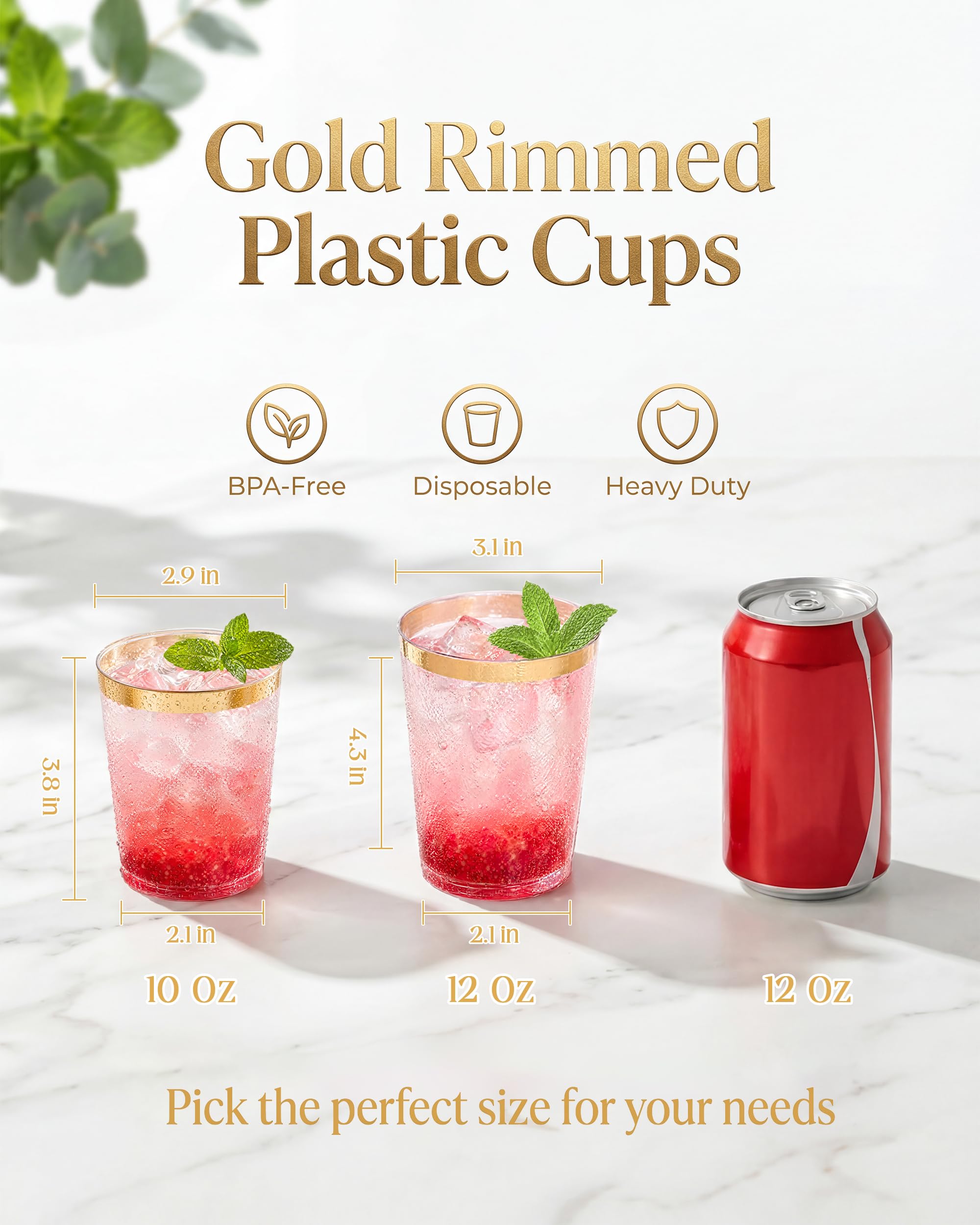 Nervure 120PC 9Oz Gold Rimmed Plastic Cups - Heavy Duty plastic