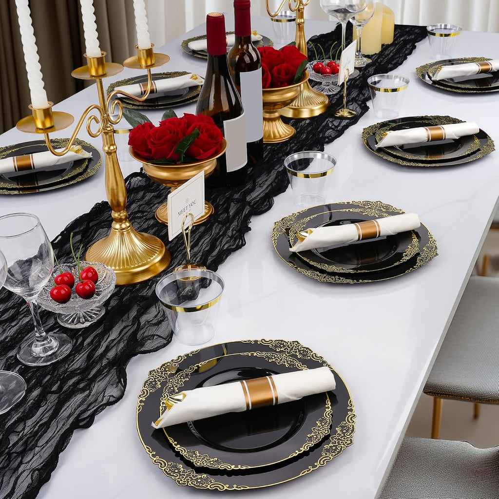realluck 175 Piece Green and Gold Dinnerware Set for 25 Guests | Disposable Dinnerware Includes: 50 Disposable Plates, 75 Silverwares, 25 Cups, 25 Napkins for Party, Wedding, Graduation