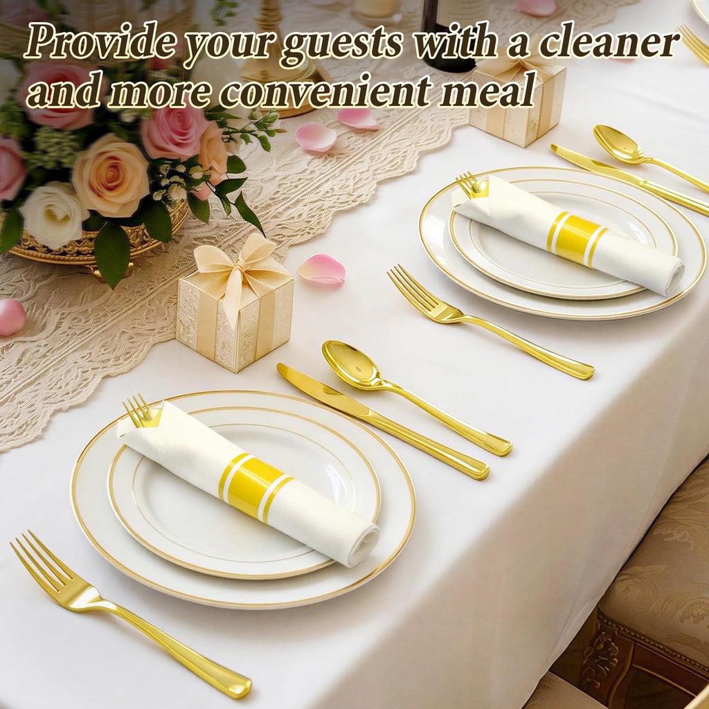 Gold Plastic Silverware 50 Guests Wrapped Cutlery Set Disposable | Pre Rolled Silverware Set Include 50 Forks,50 Knives,50 Spoons and 50 Napkins Heavy Duty Disposable Utensils for Party