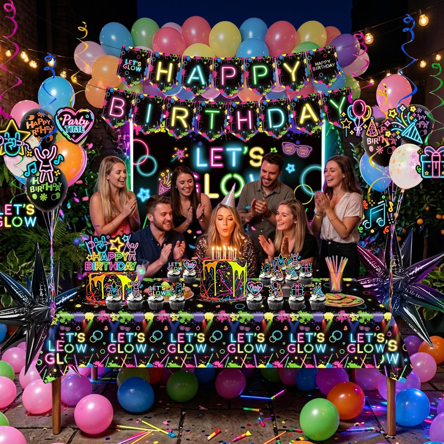 118Pcs Glow in the Dark Party Supplies, Neon Party Decorations with Neon Balloon Arch Kit, Backdrop, Tablecloth, Banner, Hanging Swirls, Cake Topper, Glow Party Supplies for 24 Guests