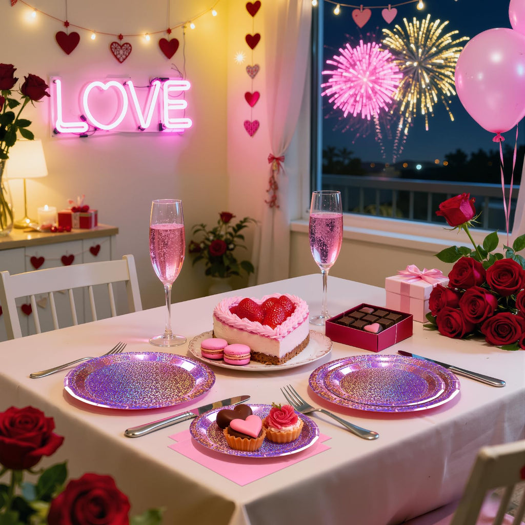 Purple Iridescent Paper Plates & Napkins Set, 75pcs Disposable Party Tableware with 9" Dinner Plates, 7" Dessert Plates & 6.5" Napkins, Holographic Dot Design for Birthday, Music Theme, Night Party