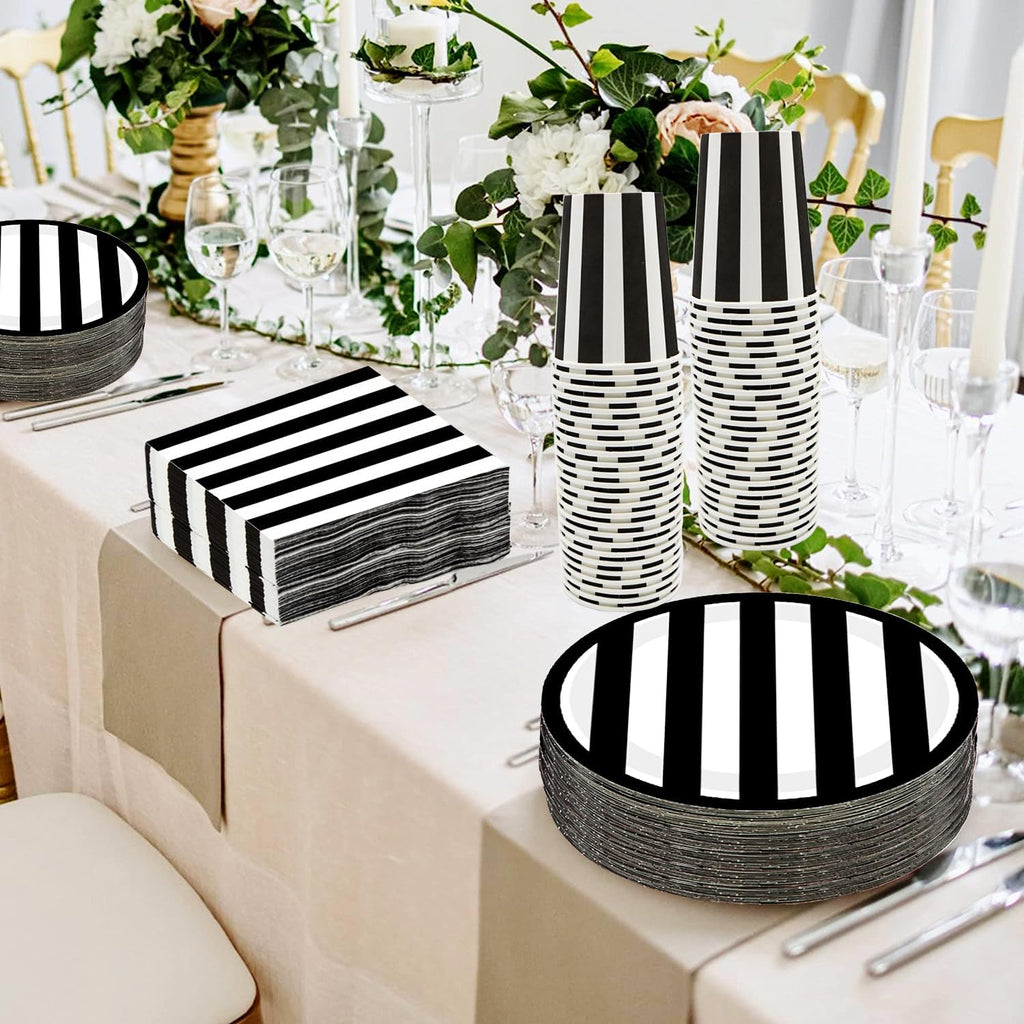 Serve25 175Pcs Black & White Striped Party Supplies - 9" & 7" Striped Paper Plates, Napkins, Cups, Cutlery for Black & White Birthday Party Decorations