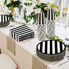 Serve25 175Pcs Black & White Striped Party Supplies - 9" & 7" Striped Paper Plates, Napkins, Cups, Cutlery for Black & White Birthday Party Decorations
