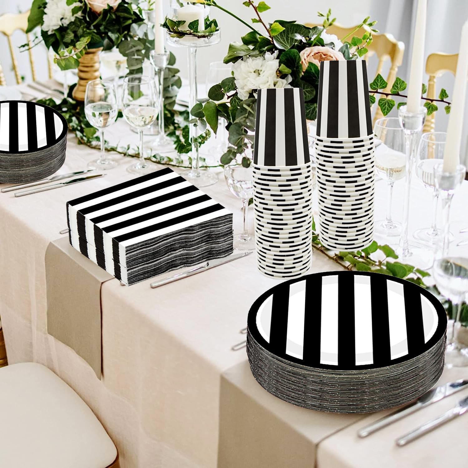 Serve25 175Pcs Black & White Striped Party Supplies - 9" & 7" Striped Paper Plates, Napkins, Cups, Cutlery for Black & White Birthday Party Decorations