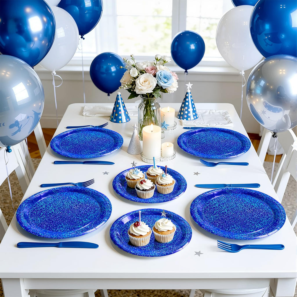 Purple Iridescent Paper Plates & Napkins Set, 75pcs Disposable Party Tableware with 9" Dinner Plates, 7" Dessert Plates & 6.5" Napkins, Holographic Dot Design for Birthday, Music Theme, Night Party