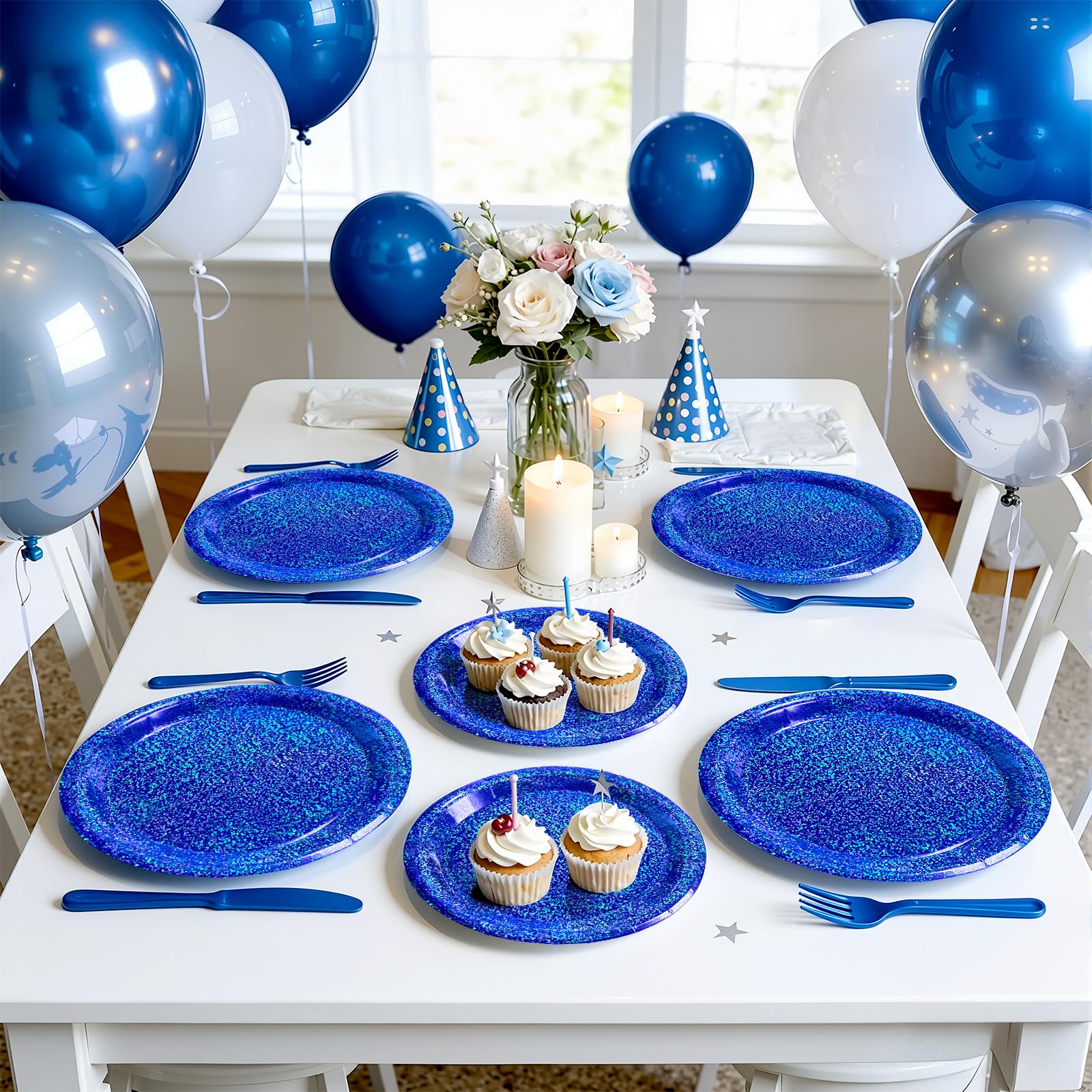 Purple Iridescent Paper Plates & Napkins Set, 75pcs Disposable Party Tableware with 9" Dinner Plates, 7" Dessert Plates & 6.5" Napkins, Holographic Dot Design for Birthday, Music Theme, Night Party