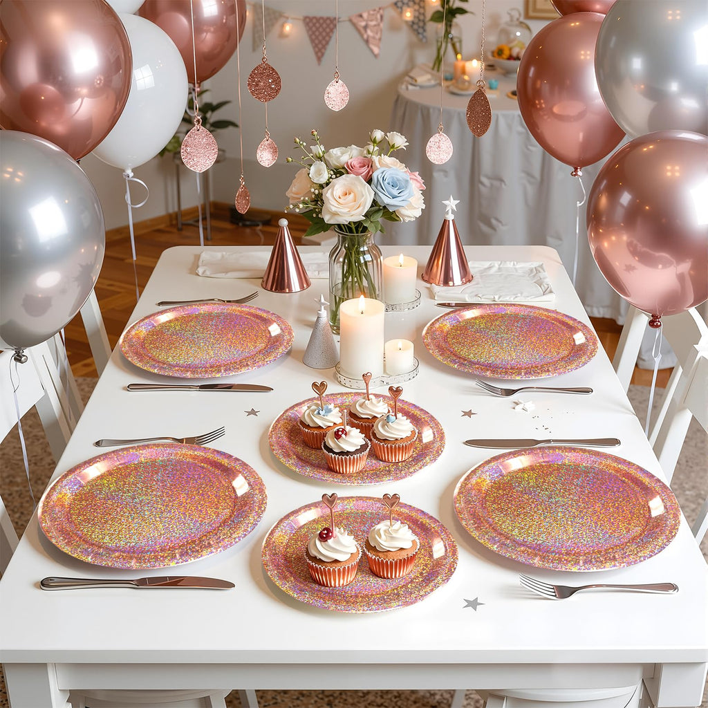 Purple Iridescent Paper Plates & Napkins Set, 75pcs Disposable Party Tableware with 9" Dinner Plates, 7" Dessert Plates & 6.5" Napkins, Holographic Dot Design for Birthday, Music Theme, Night Party