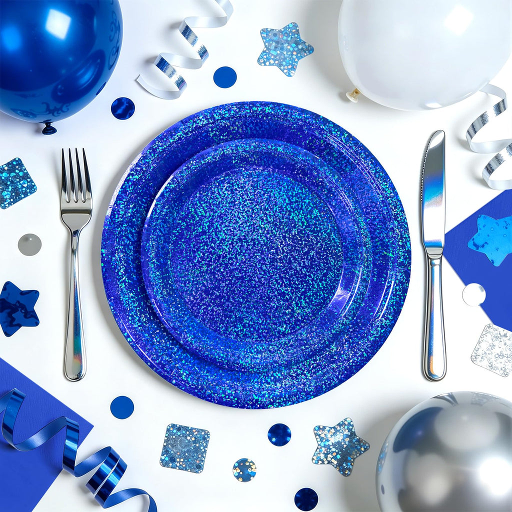 Purple Iridescent Paper Plates & Napkins Set, 75pcs Disposable Party Tableware with 9" Dinner Plates, 7" Dessert Plates & 6.5" Napkins, Holographic Dot Design for Birthday, Music Theme, Night Party