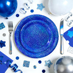 Purple Iridescent Paper Plates & Napkins Set, 75pcs Disposable Party Tableware with 9" Dinner Plates, 7" Dessert Plates & 6.5" Napkins, Holographic Dot Design for Birthday, Music Theme, Night Party