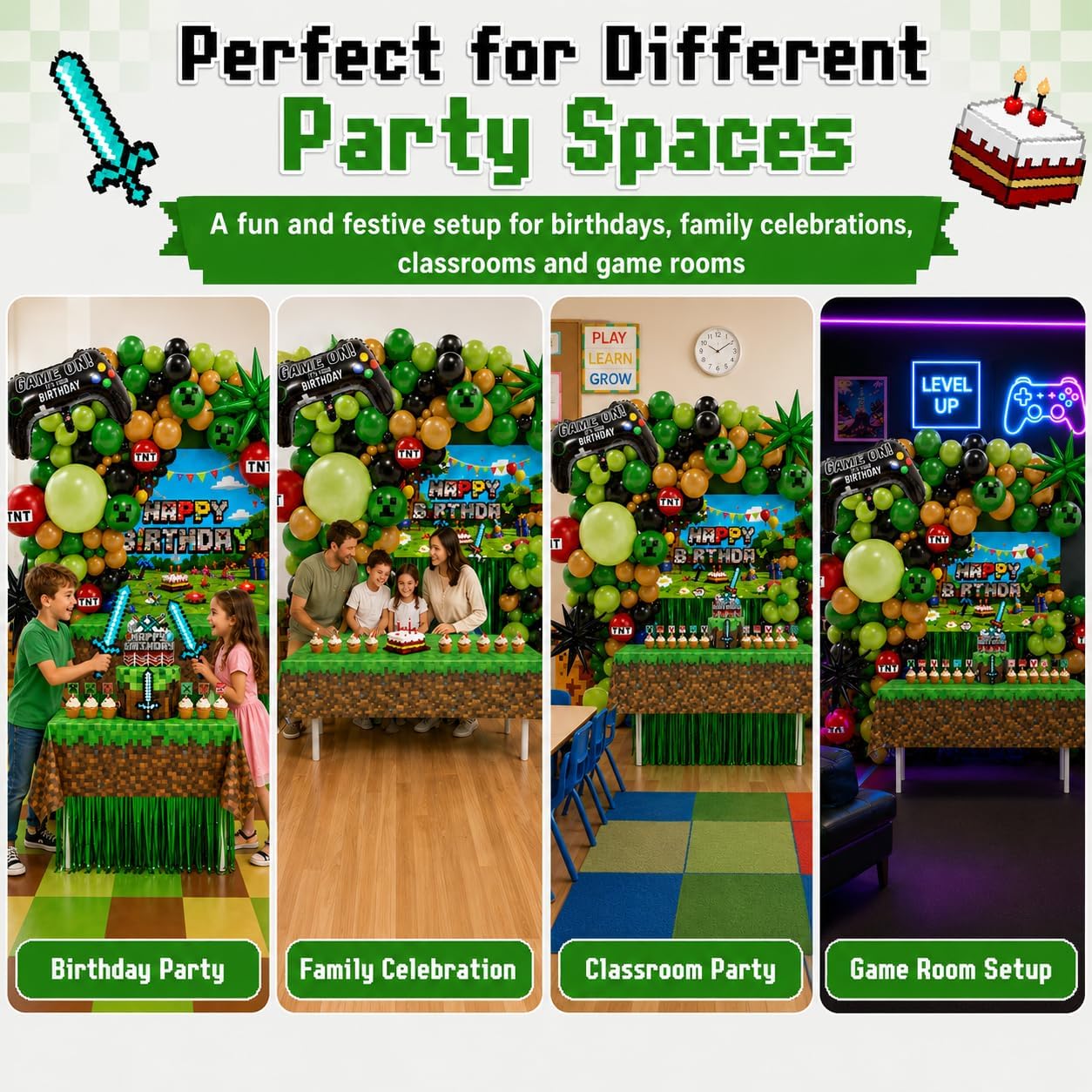 Pixel Game Birthday Party Decorations, “Game On” Pixel Theme Party Supplies Kit for Boys & Girls —131 Pcs Balloons, Backdrop, Curtain, Table Cover, Cake Toppers