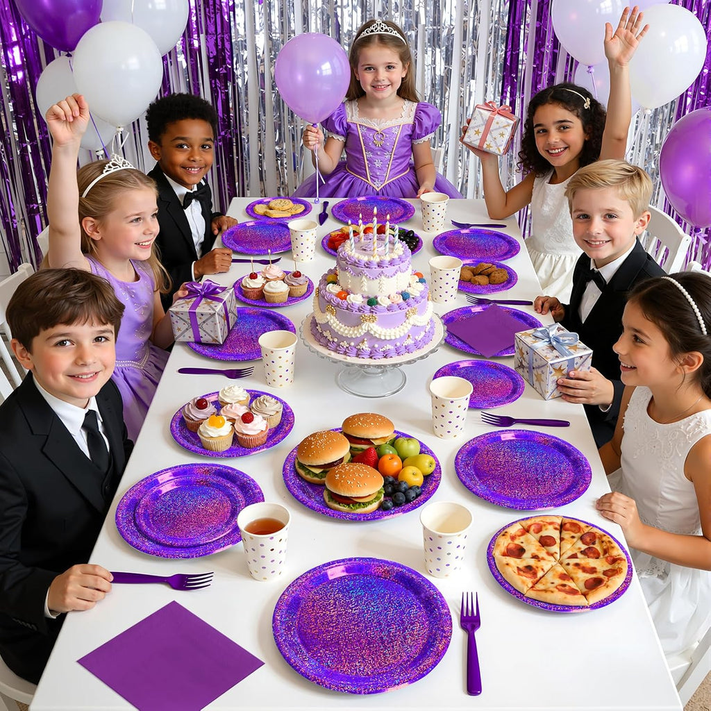 Purple Iridescent Paper Plates & Napkins Set, 75pcs Disposable Party Tableware with 9" Dinner Plates, 7" Dessert Plates & 6.5" Napkins, Holographic Dot Design for Birthday, Music Theme, Night Party
