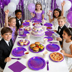 Purple Iridescent Paper Plates & Napkins Set, 75pcs Disposable Party Tableware with 9" Dinner Plates, 7" Dessert Plates & 6.5" Napkins, Holographic Dot Design for Birthday, Music Theme, Night Party