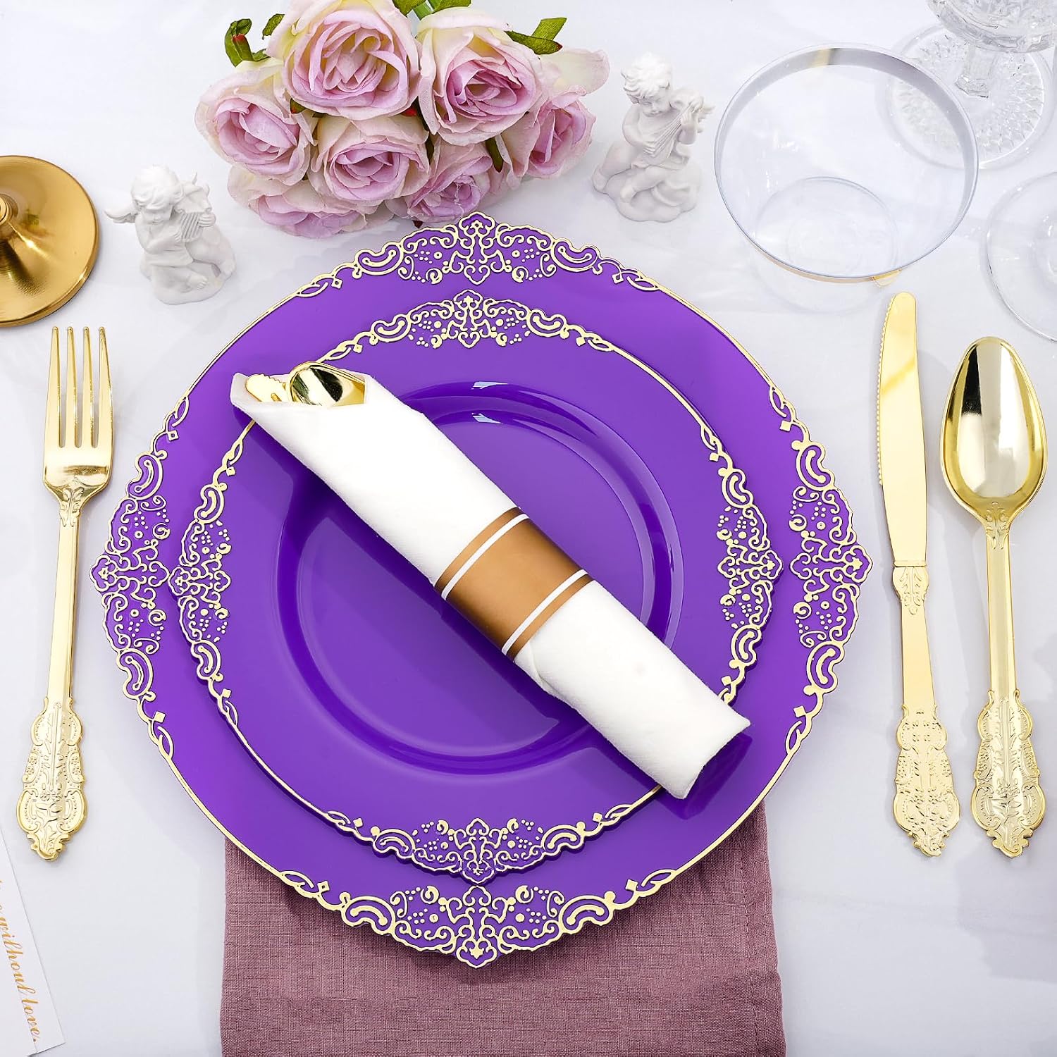realluck 175 Piece Green and Gold Dinnerware Set for 25 Guests | Disposable Dinnerware Includes: 50 Disposable Plates, 75 Silverwares, 25 Cups, 25 Napkins for Party, Wedding, Graduation