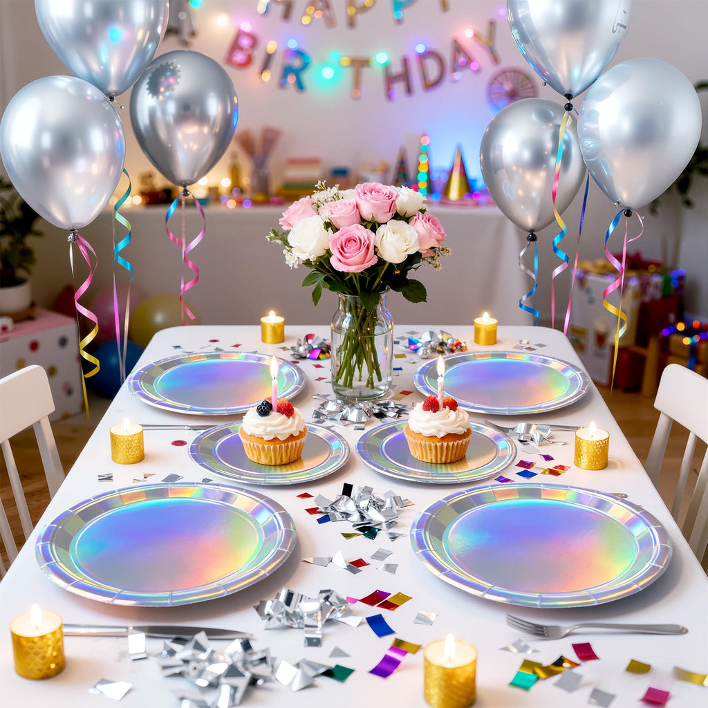 Purple Iridescent Paper Plates & Napkins Set, 75pcs Disposable Party Tableware with 9" Dinner Plates, 7" Dessert Plates & 6.5" Napkins, Holographic Dot Design for Birthday, Music Theme, Night Party