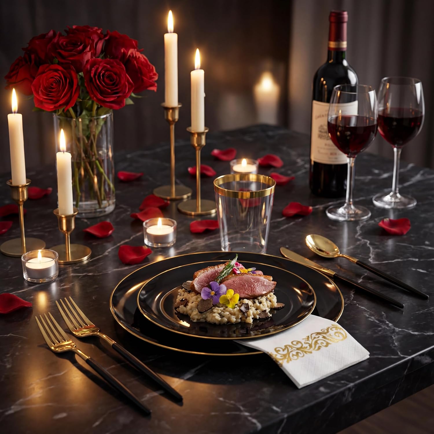 350PCS Black and Gold Plates Set Heavyweight Disposable Dinnerware | Fancy Plastic Dinnerware Sets with White Handle Gold Cutlery Cups Napkins for Wedding Reception & Graduation Party Decor