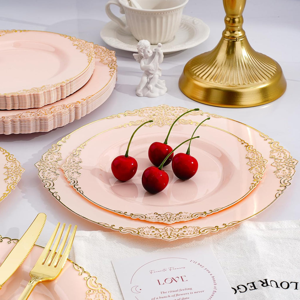 realluck 175 Piece Green and Gold Dinnerware Set for 25 Guests | Disposable Dinnerware Includes: 50 Disposable Plates, 75 Silverwares, 25 Cups, 25 Napkins for Party, Wedding, Graduation