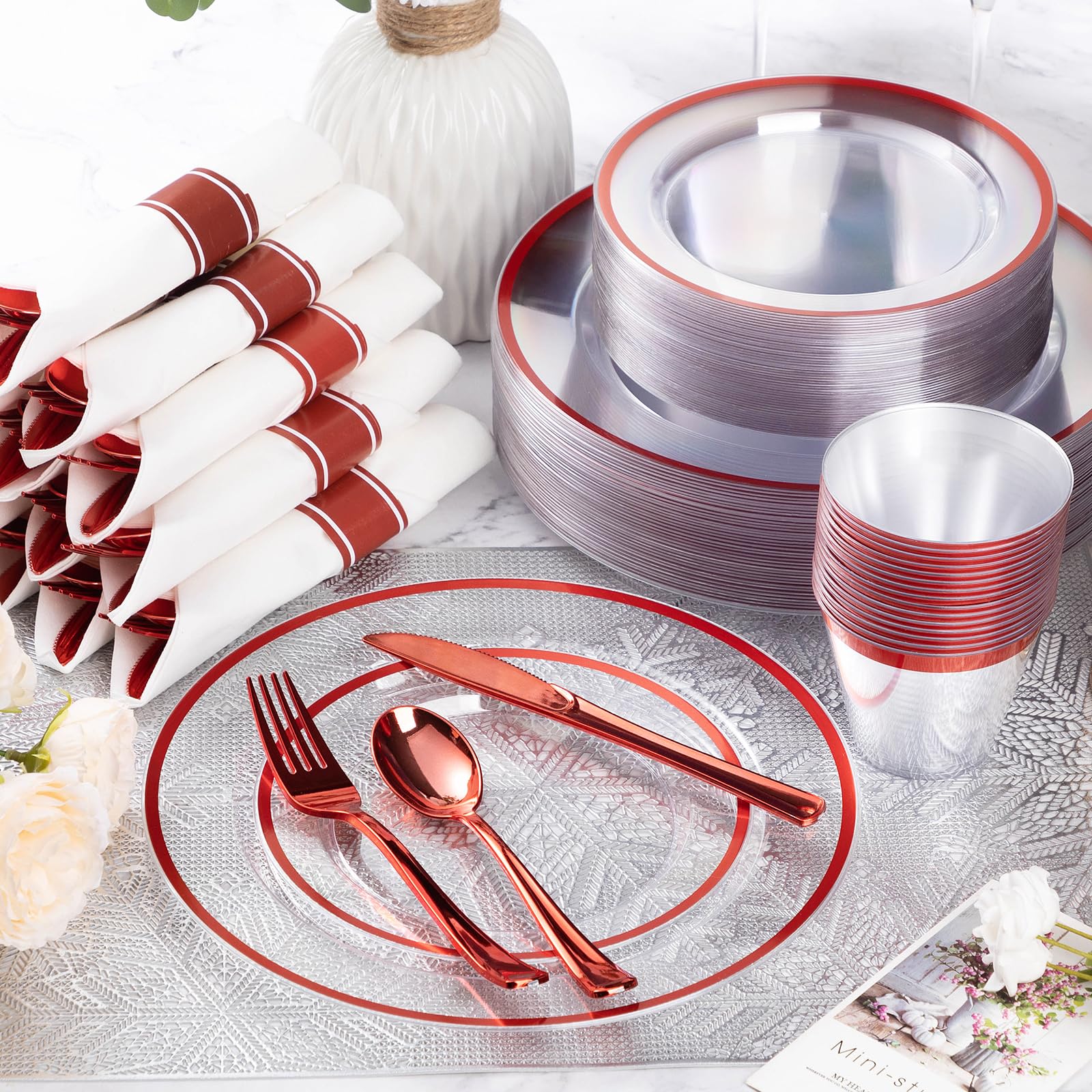 Goodluck 350 Pcs Clear Plastic Plates with Colored Rim,