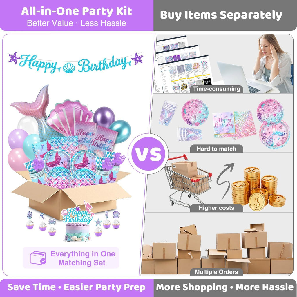 Hand-Drawn Mermaid Birthday Decorations, Under the Sea Party Supplies Kit (Unicorn Birthday)