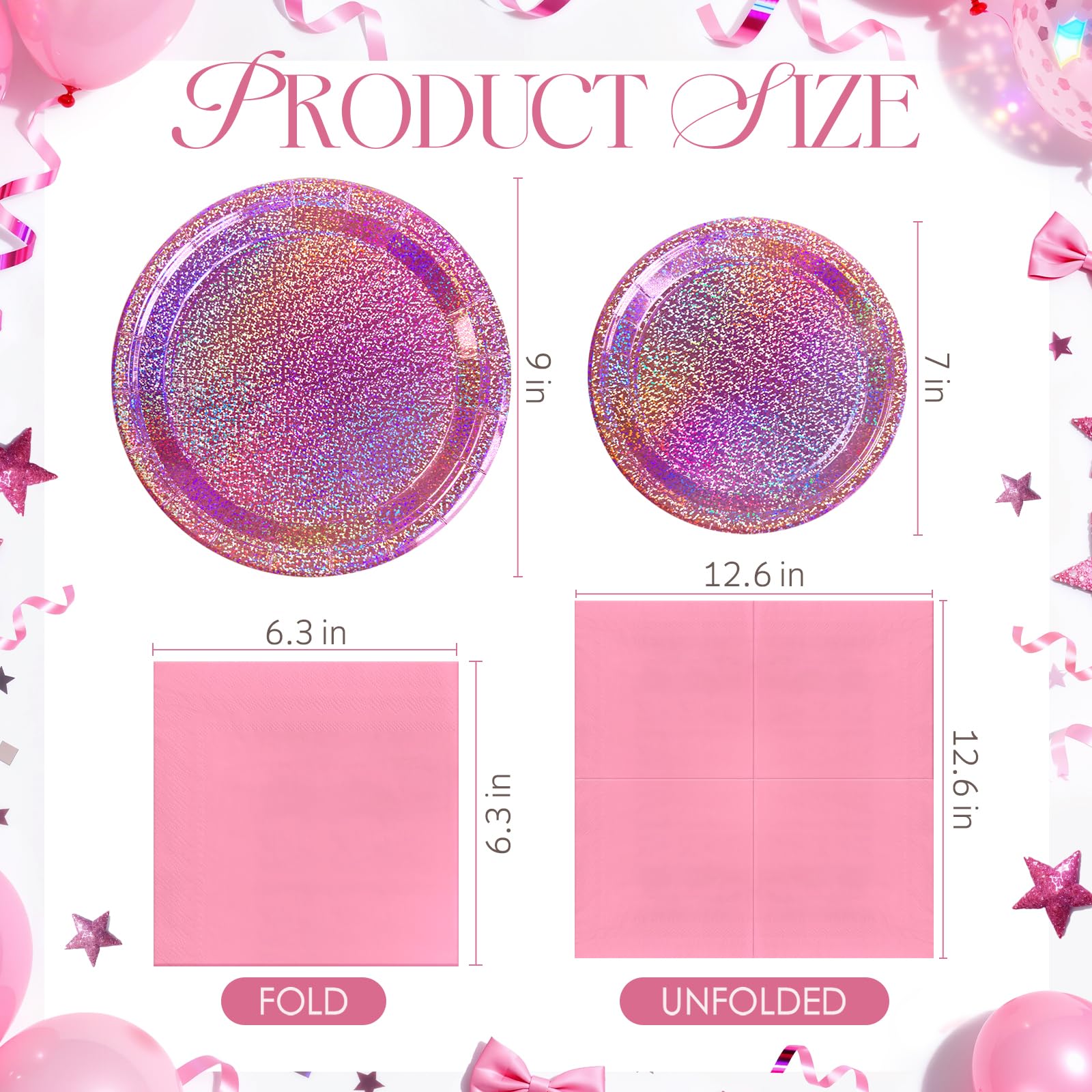 Purple Iridescent Paper Plates & Napkins Set, 75pcs Disposable Party Tableware with 9" Dinner Plates, 7" Dessert Plates & 6.5" Napkins, Holographic Dot Design for Birthday, Music Theme, Night Party