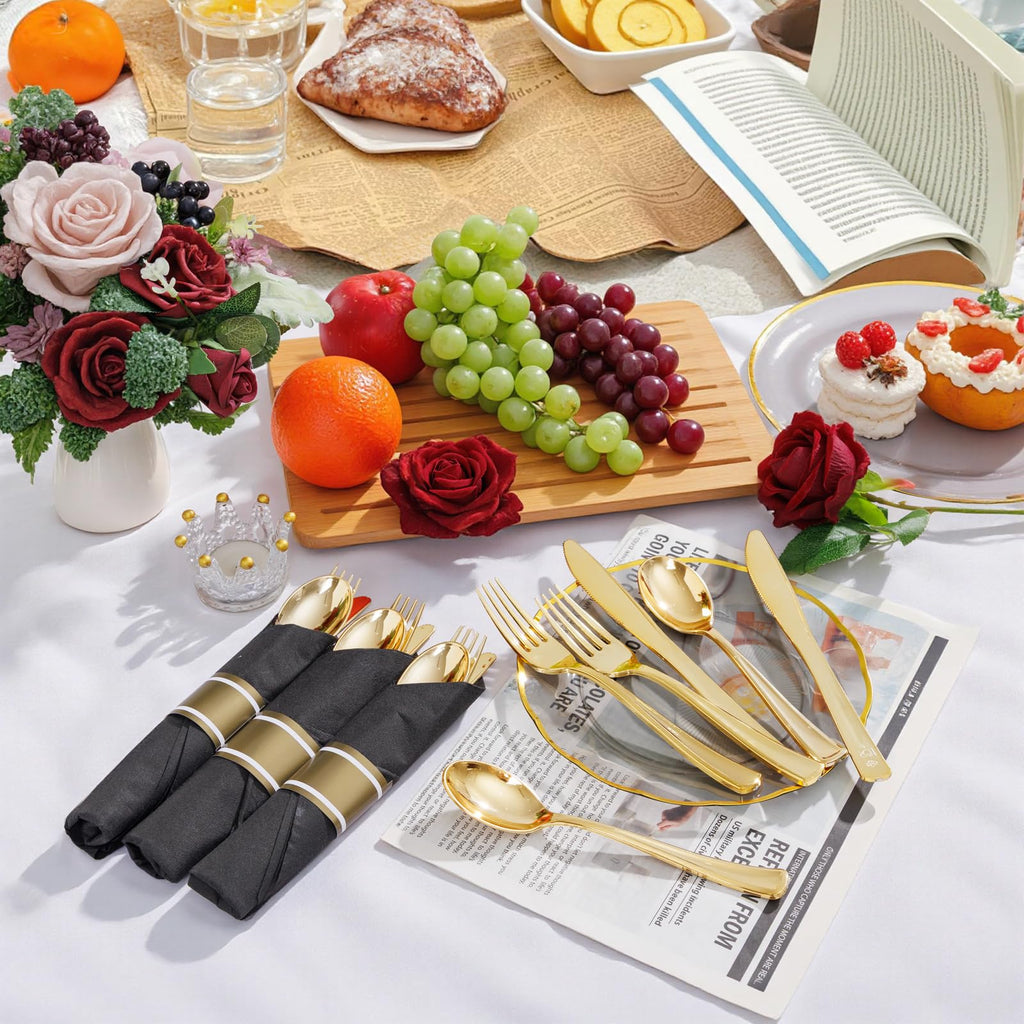 120 Pack Black Plastic Silverware Rolled Silverware Disposable | Pre Rolled Silverware Set Disposable Wrapped Cutlery Set for Catering, Parties, Wedding, Birthday& Special Events