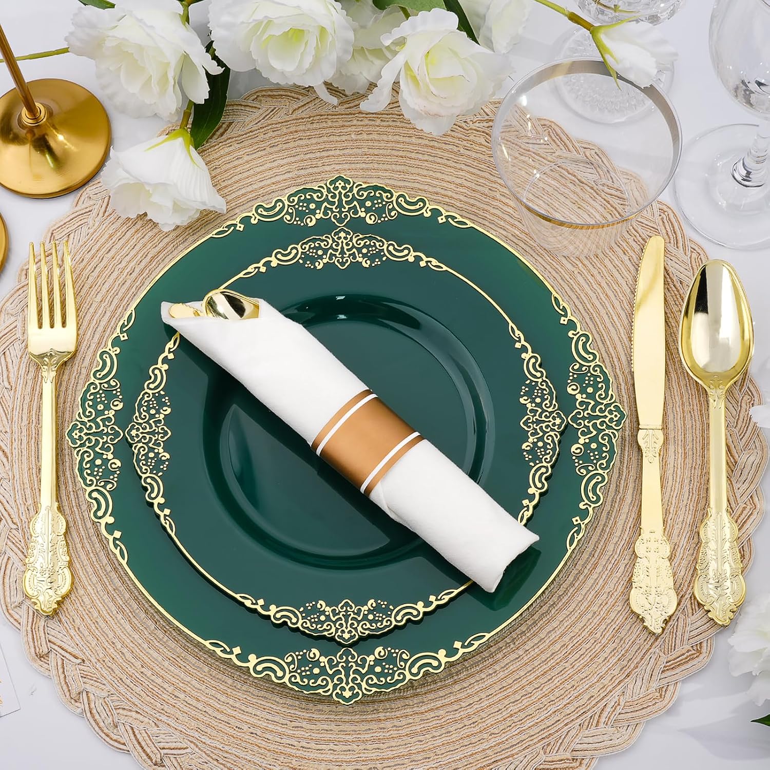 realluck 175 Piece Green and Gold Dinnerware Set for 25 Guests | Disposable Dinnerware Includes: 50 Disposable Plates, 75 Silverwares, 25 Cups, 25 Napkins for Party, Wedding, Graduation