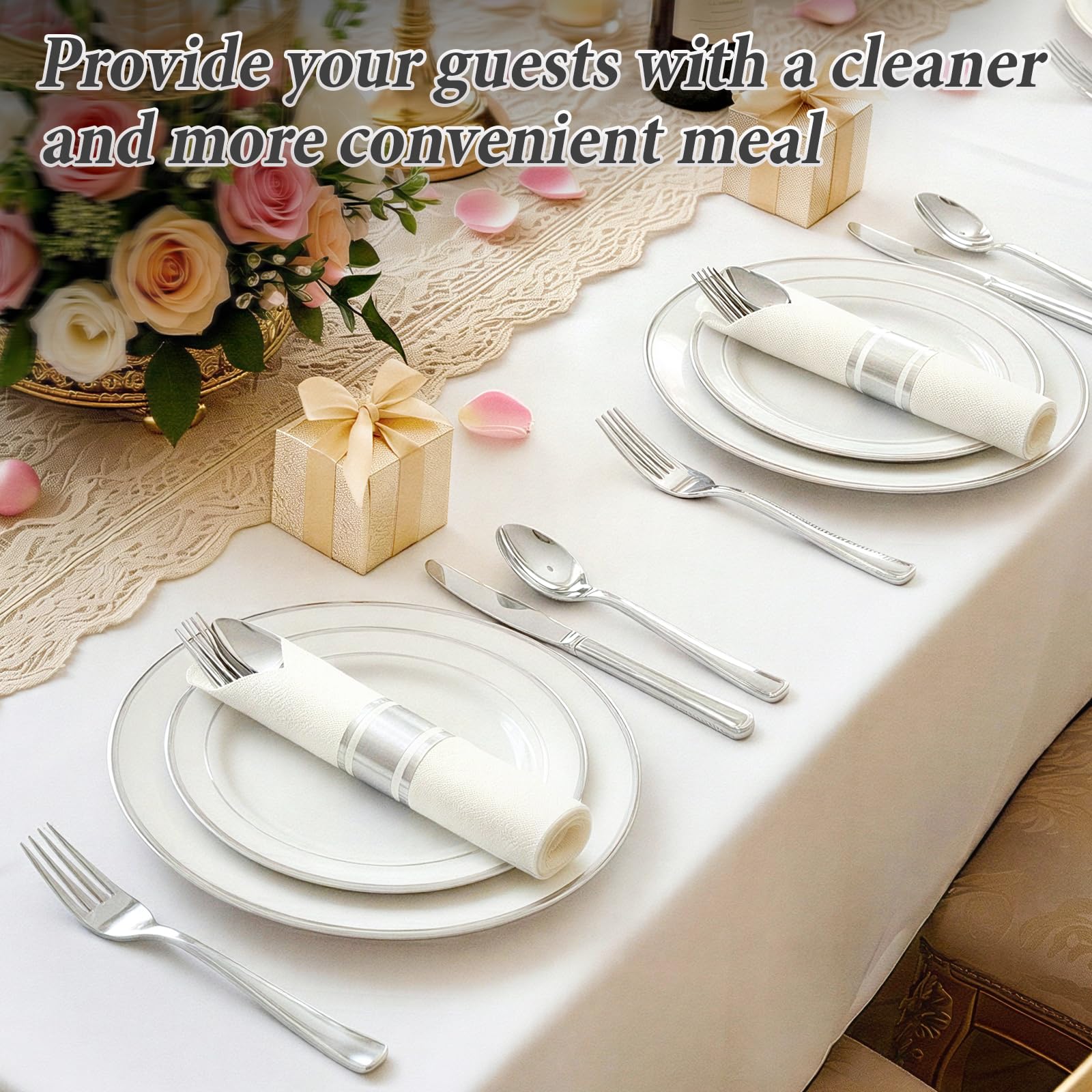 Gold Plastic Silverware 50 Guests Wrapped Cutlery Set Disposable | Pre Rolled Silverware Set Include 50 Forks,50 Knives,50 Spoons and 50 Napkins Heavy Duty Disposable Utensils for Party