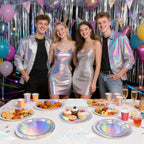 Purple Iridescent Paper Plates & Napkins Set, 75pcs Disposable Party Tableware with 9" Dinner Plates, 7" Dessert Plates & 6.5" Napkins, Holographic Dot Design for Birthday, Music Theme, Night Party