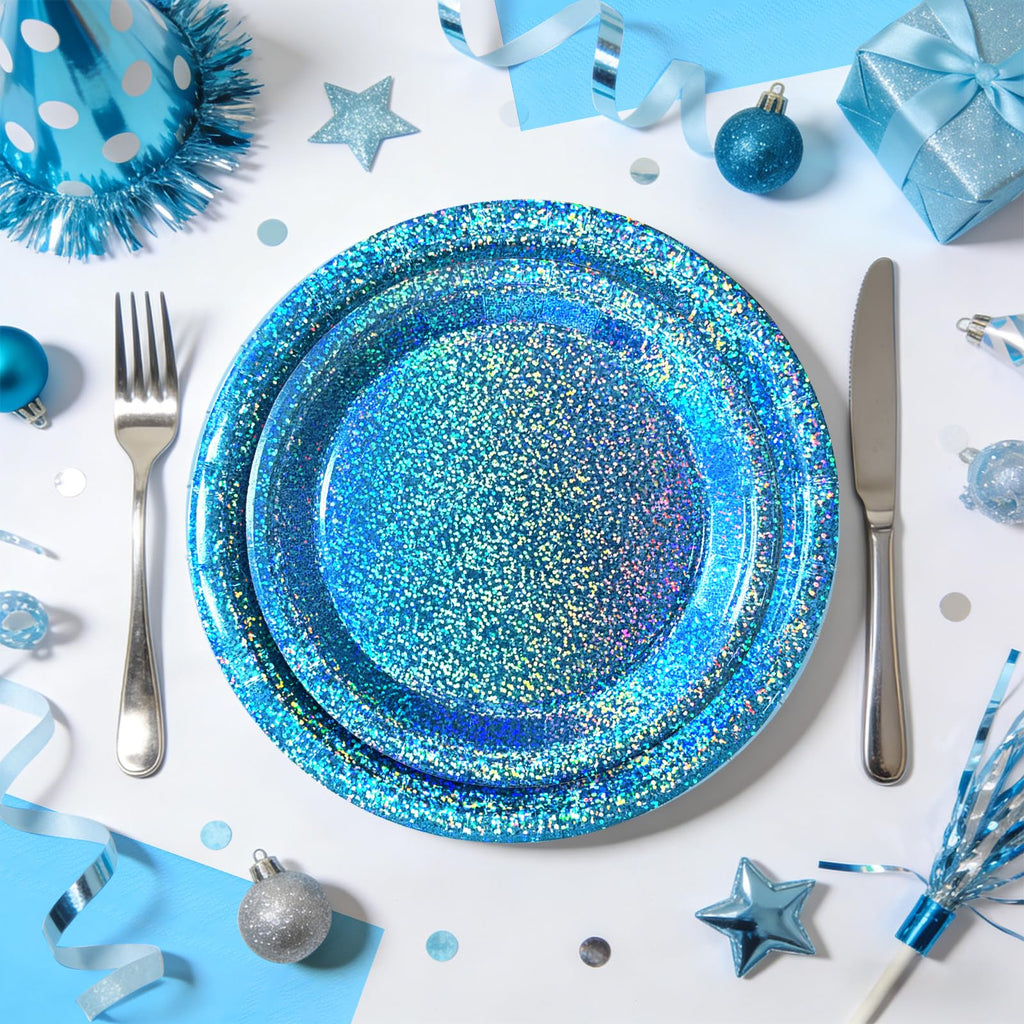 Purple Iridescent Paper Plates & Napkins Set, 75pcs Disposable Party Tableware with 9" Dinner Plates, 7" Dessert Plates & 6.5" Napkins, Holographic Dot Design for Birthday, Music Theme, Night Party