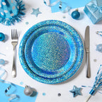 Purple Iridescent Paper Plates & Napkins Set, 75pcs Disposable Party Tableware with 9" Dinner Plates, 7" Dessert Plates & 6.5" Napkins, Holographic Dot Design for Birthday, Music Theme, Night Party