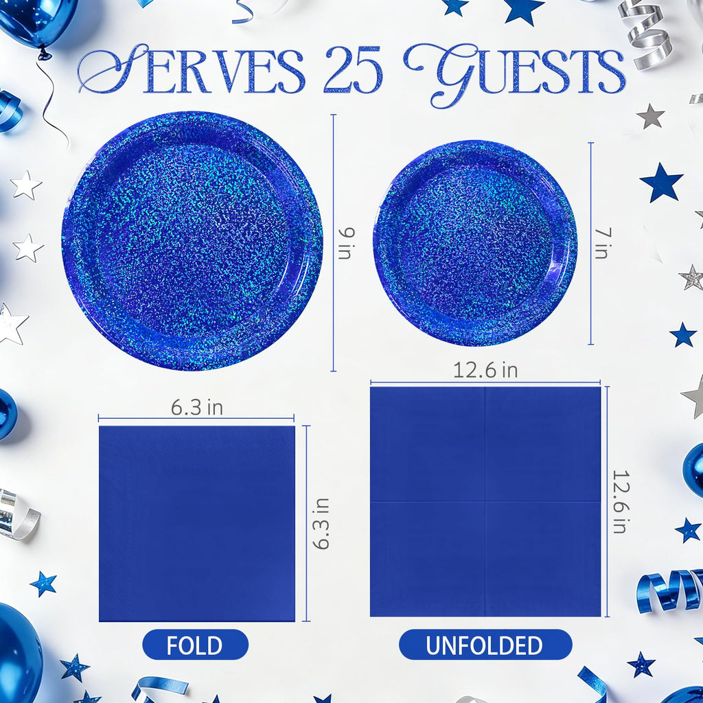 Purple Iridescent Paper Plates & Napkins Set, 75pcs Disposable Party Tableware with 9" Dinner Plates, 7" Dessert Plates & 6.5" Napkins, Holographic Dot Design for Birthday, Music Theme, Night Party