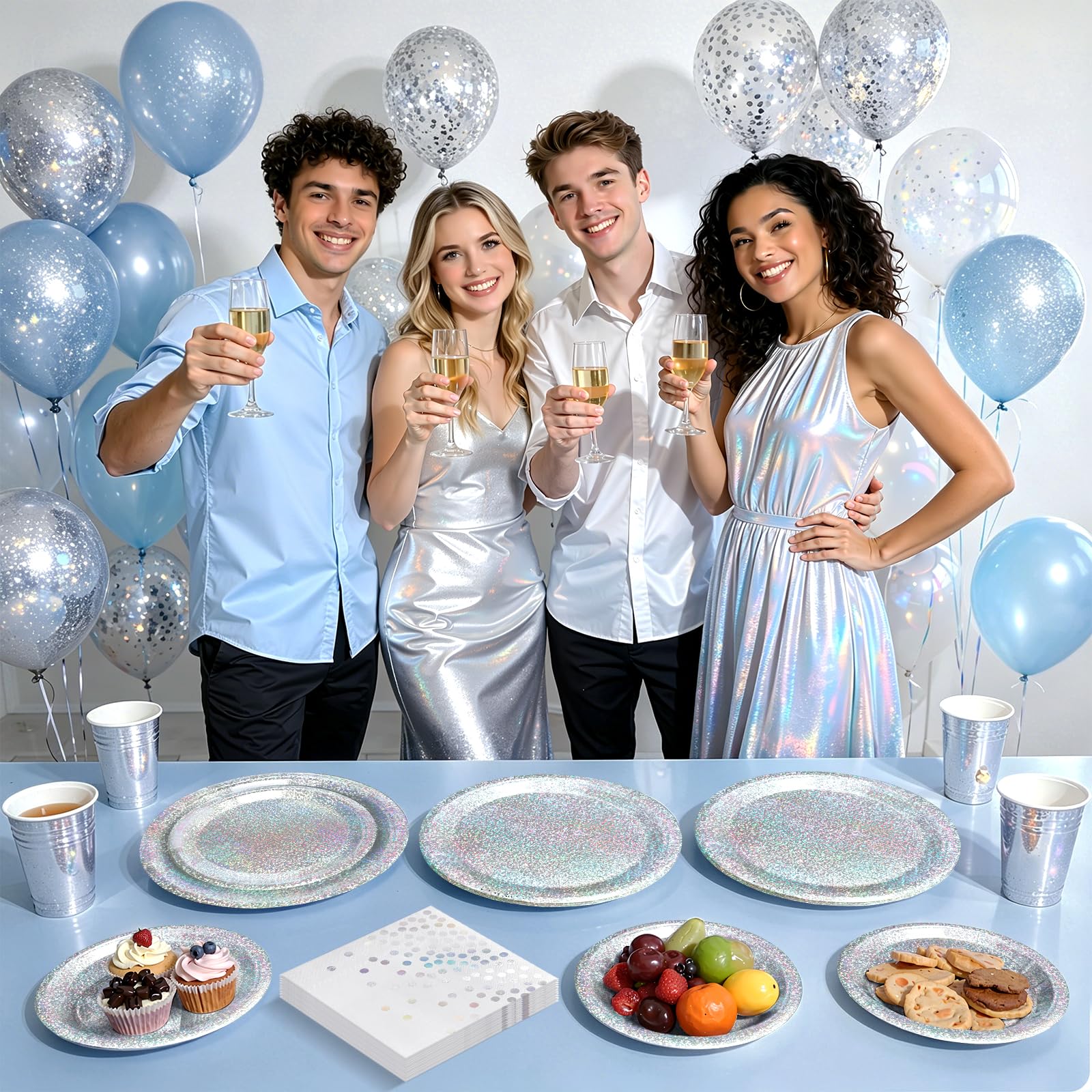 Purple Iridescent Paper Plates & Napkins Set, 75pcs Disposable Party Tableware with 9" Dinner Plates, 7" Dessert Plates & 6.5" Napkins, Holographic Dot Design for Birthday, Music Theme, Night Party